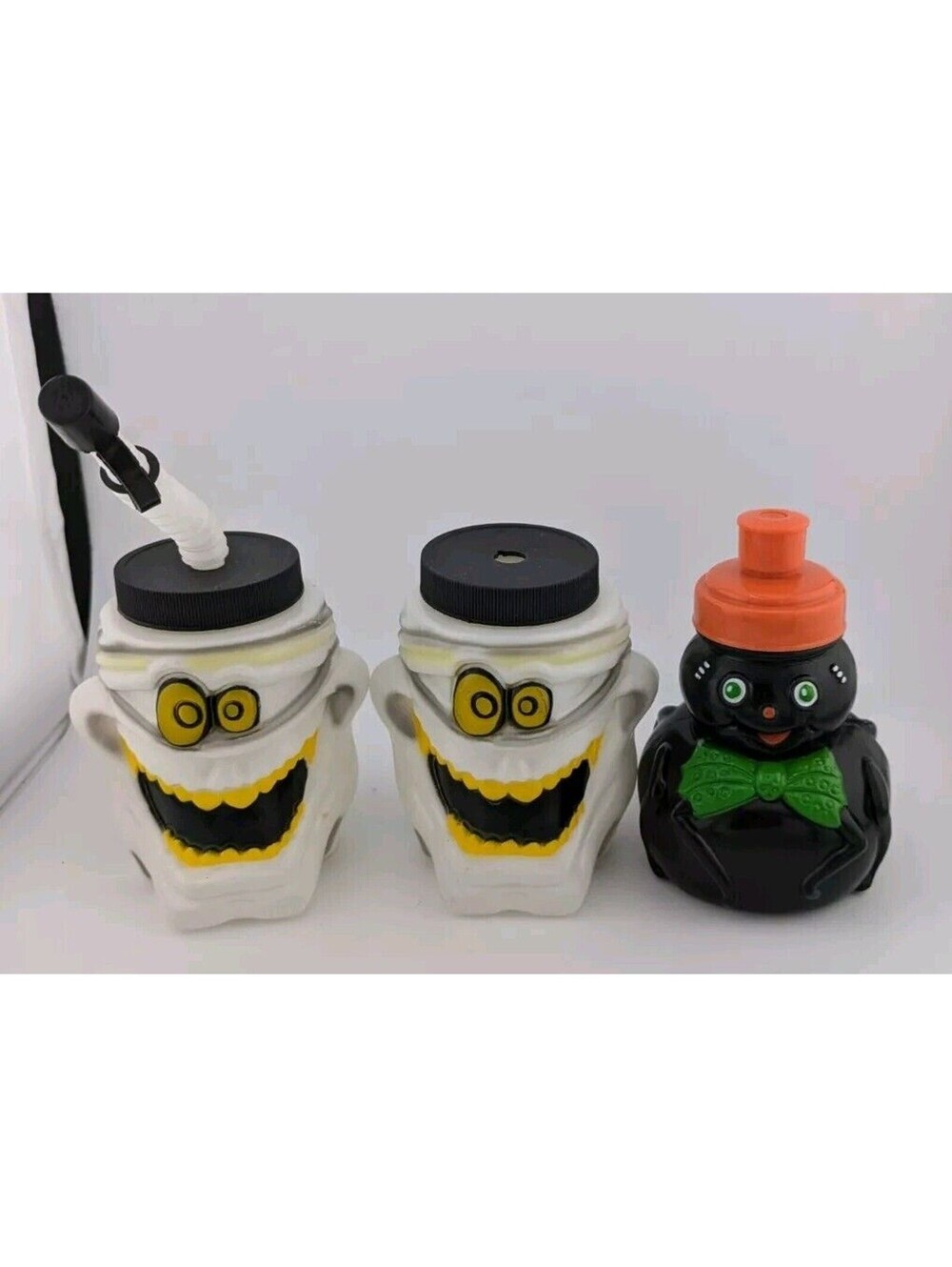 Vintage Kids Halloween Cups w/ Straws Mummy Spider Plastic Drinking Novelty
